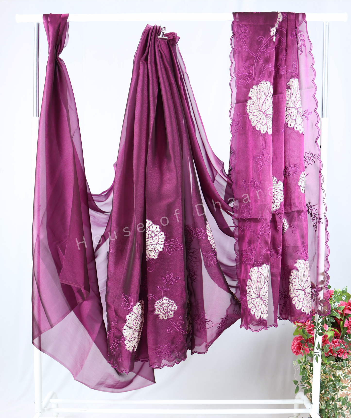 Wine Soft organza tissue saree with applique work