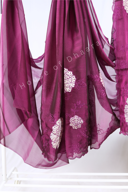 Wine Soft organza tissue saree with applique work