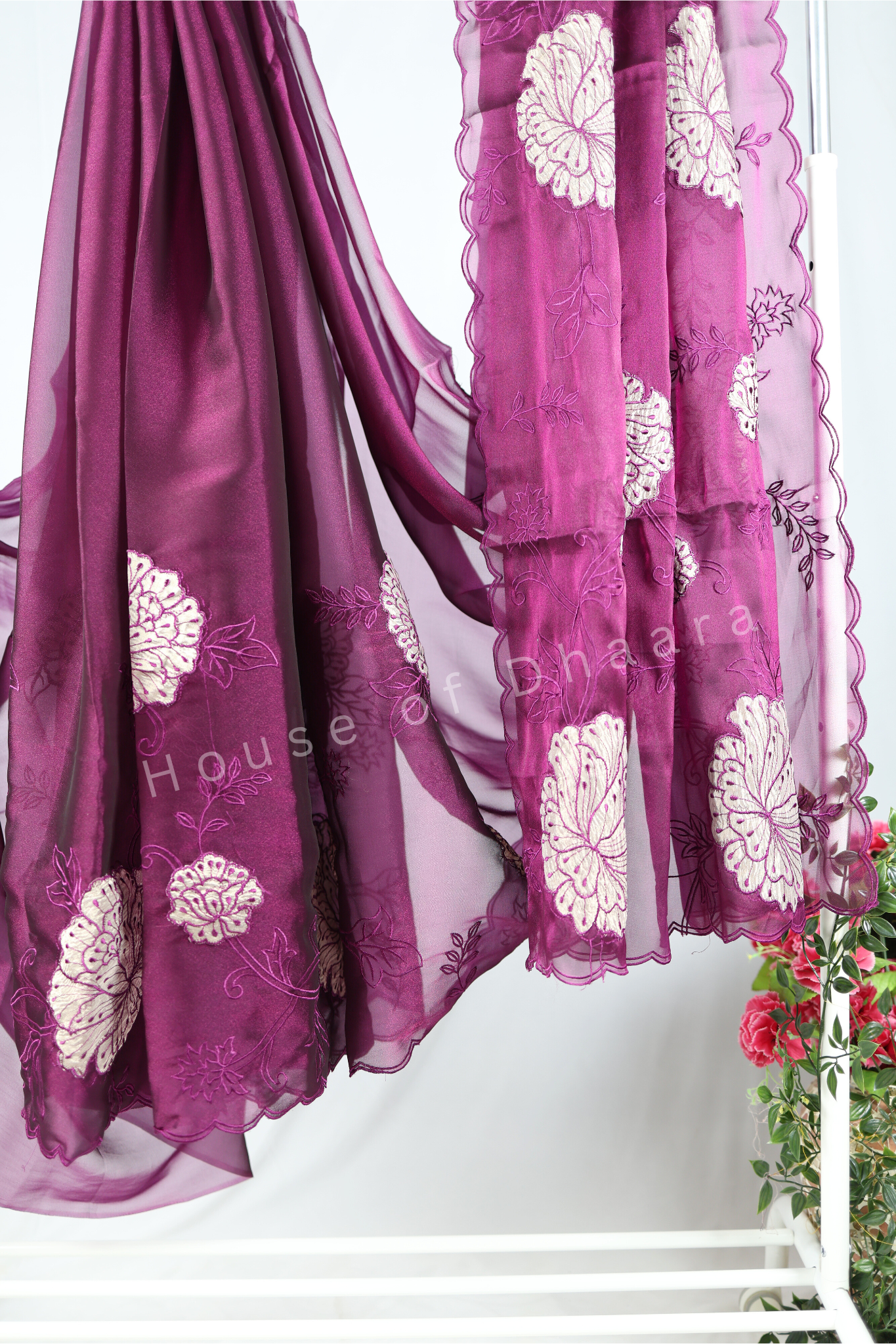 Wine Soft organza tissue saree with applique work