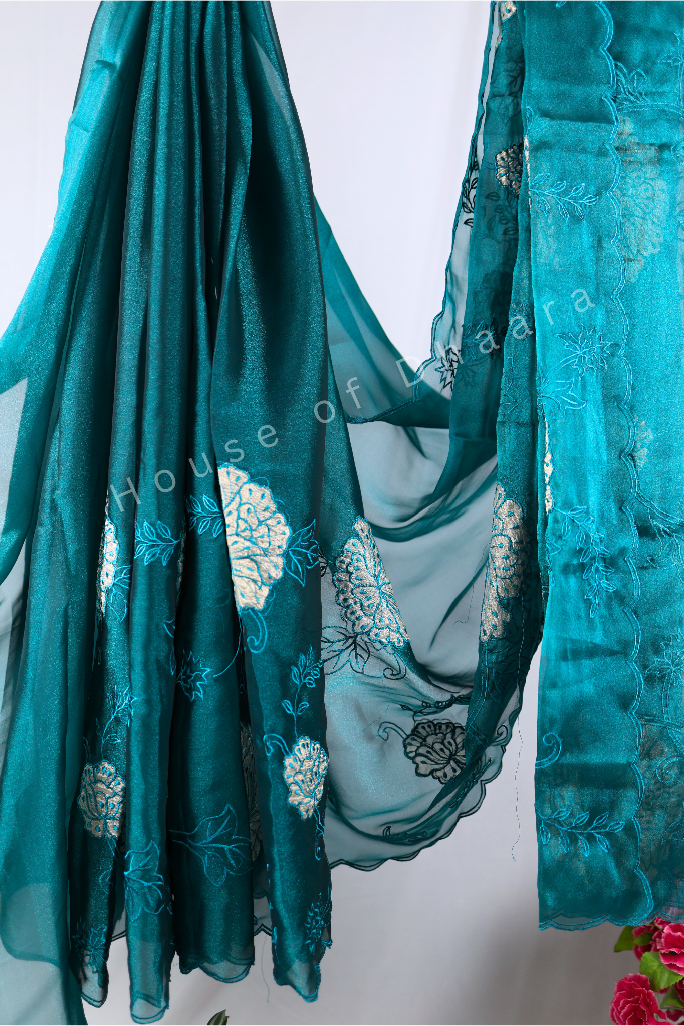 Teal green Soft organza tissue saree with applique work