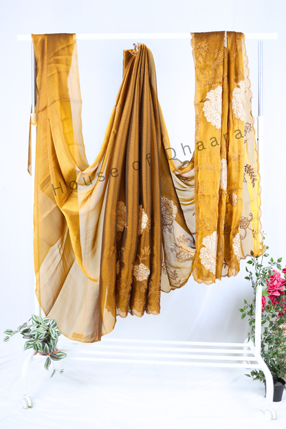 Copper Soft organza tissue saree with applique work