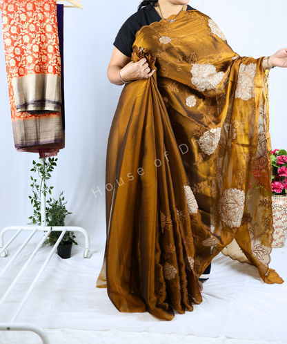 Copper Soft organza tissue saree with applique work