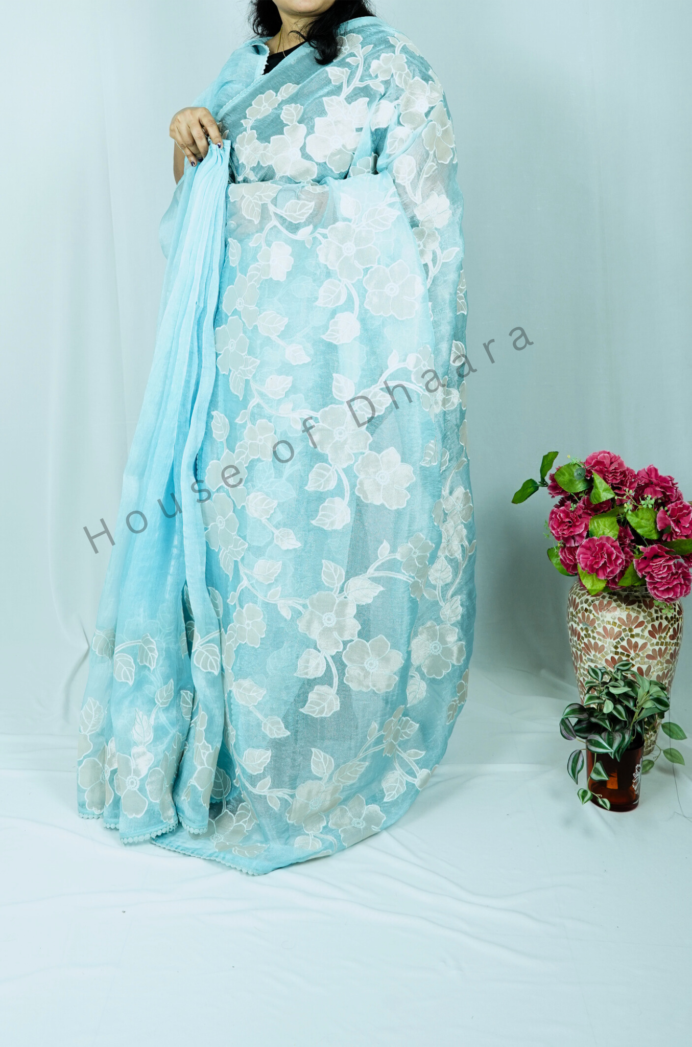 Pastel Blue Soft organza tissue saree with applique work
