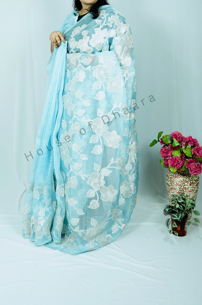 Pastel Blue Soft organza tissue saree with applique work