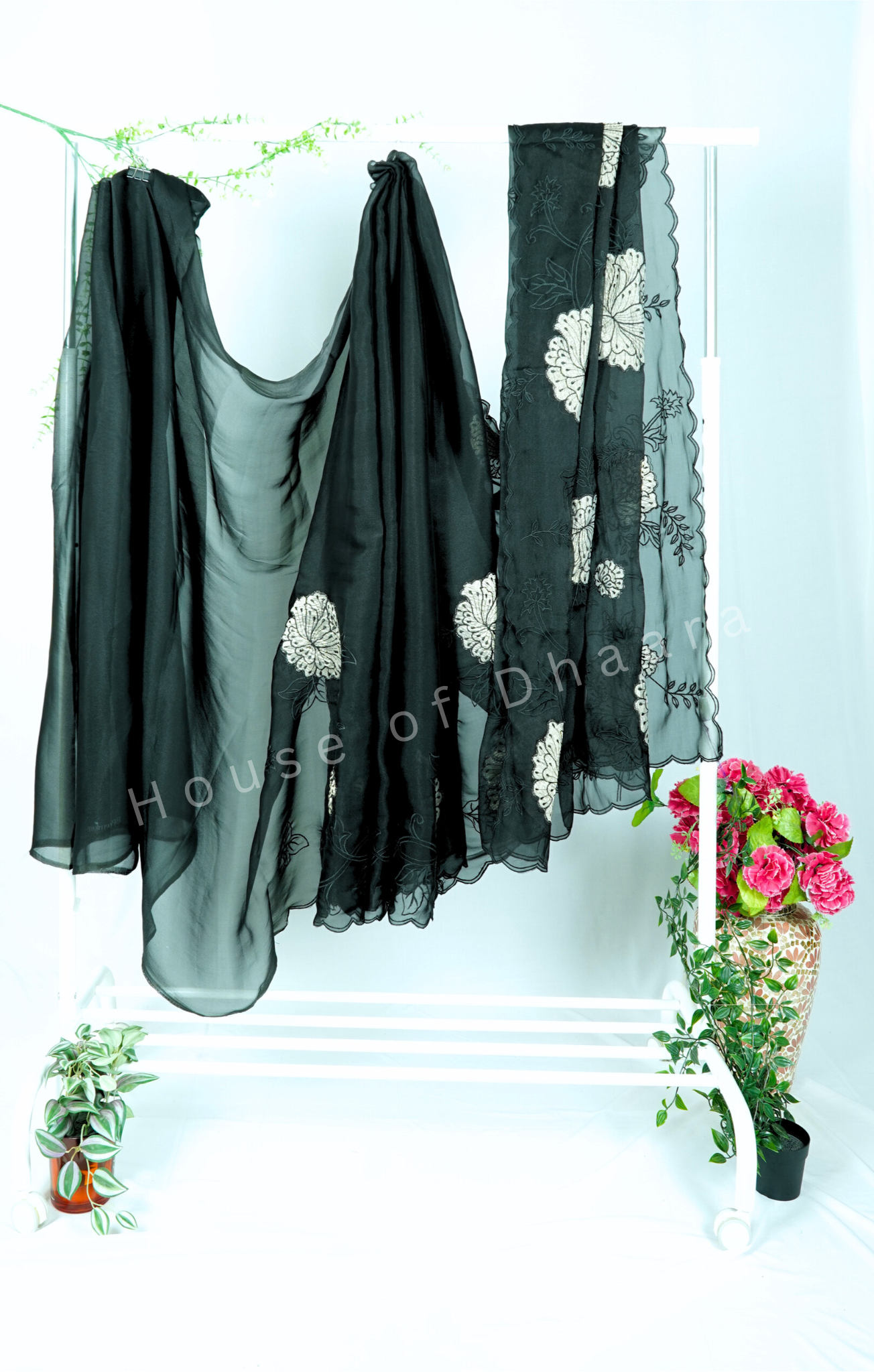 Black Soft organza tissue saree with applique work