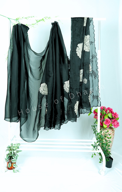 Black Soft organza tissue saree with applique work
