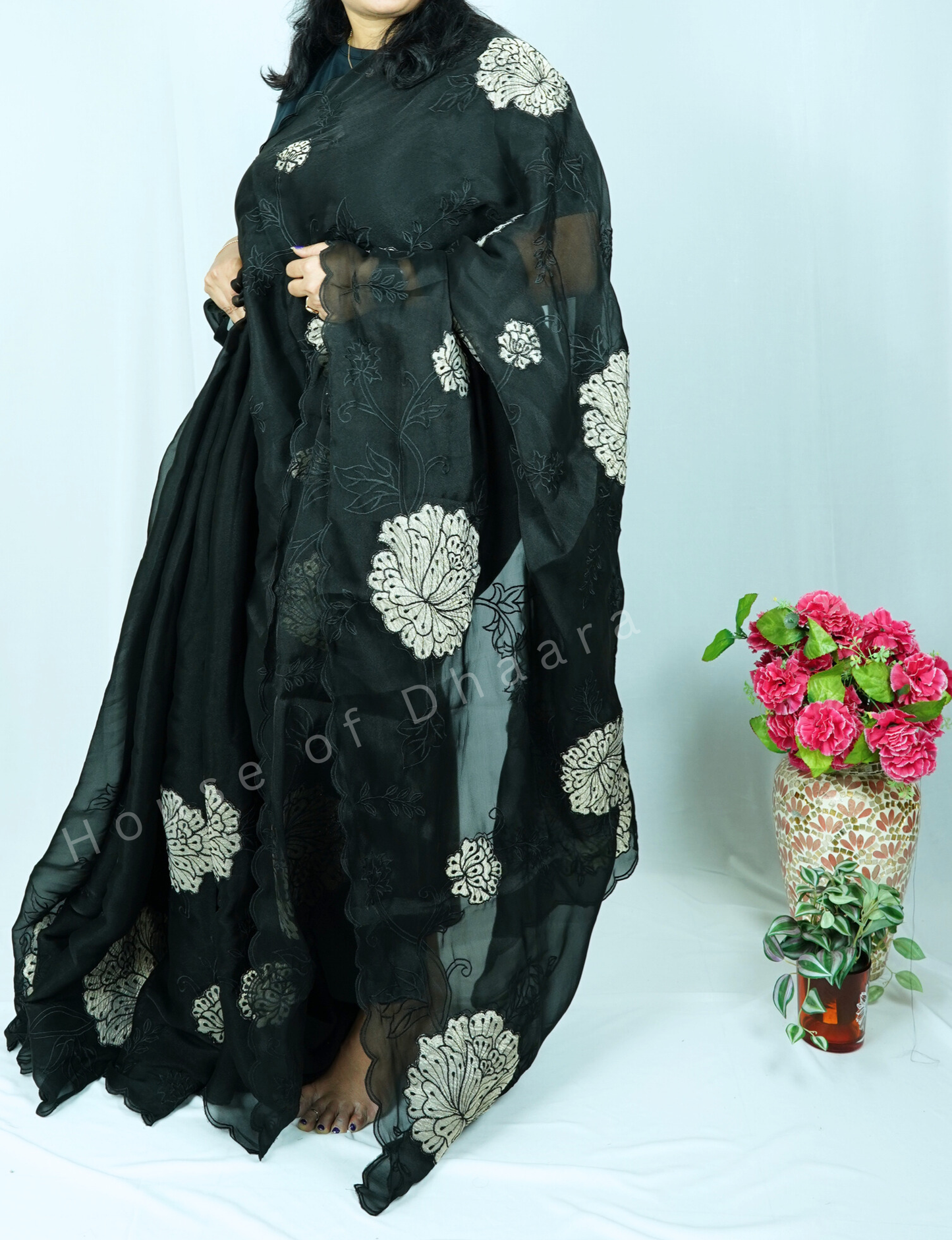 Black Soft organza tissue saree with applique work