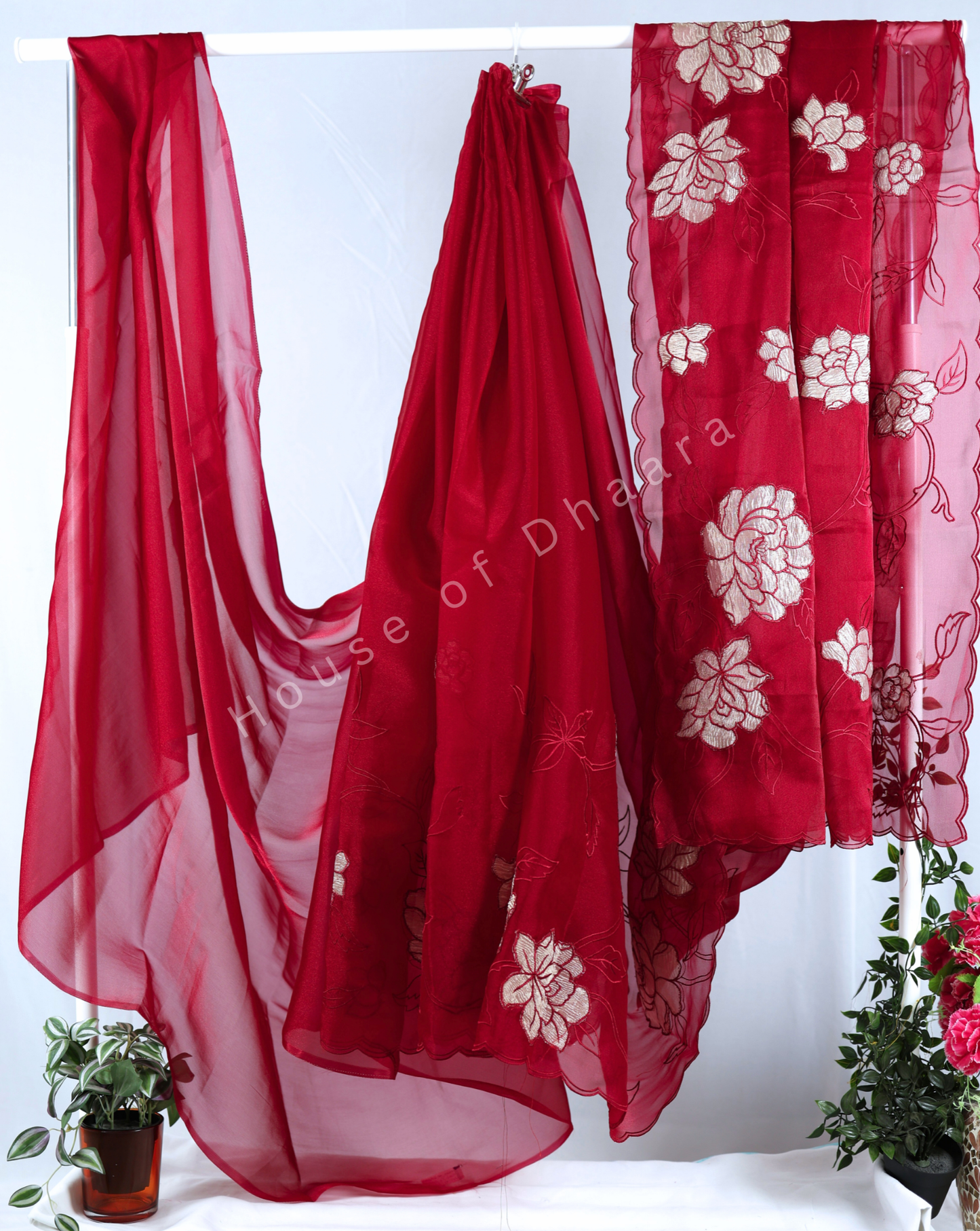 Red Soft organza tissue saree with applique work