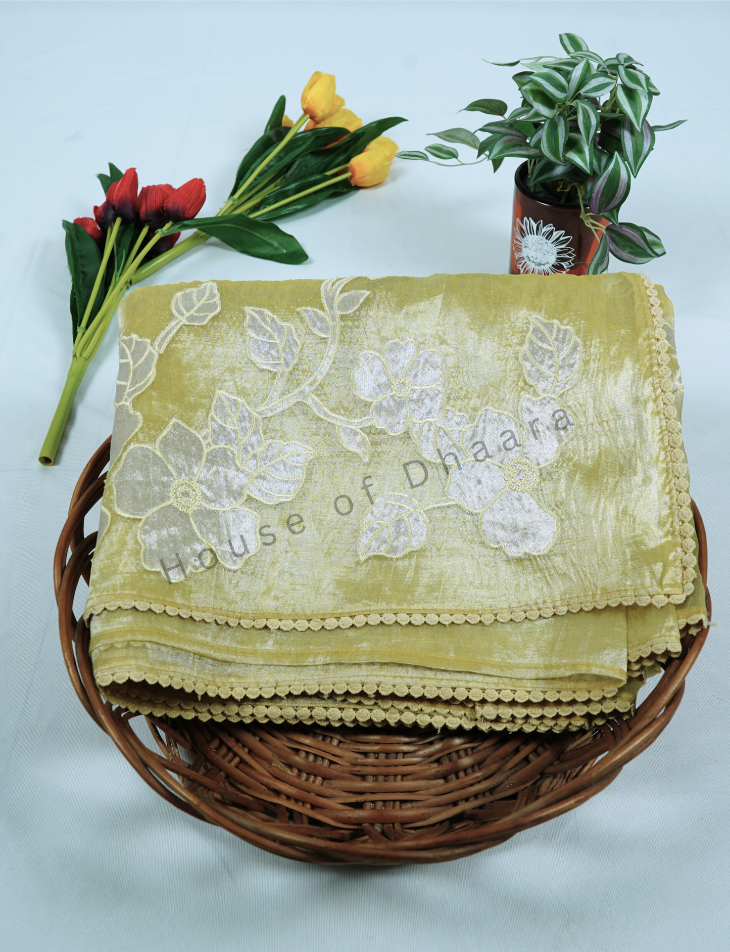 Pastel/ Golden Yellow Soft organza tissue saree with applique work