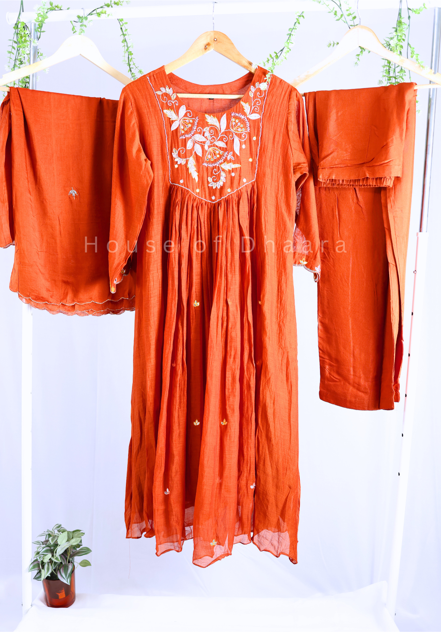 Rust Orange Mulchanderi Kurti Set