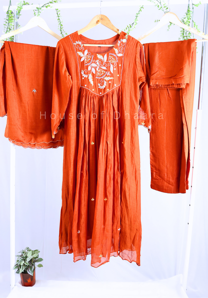 Rust Orange Mulchanderi Kurti Set