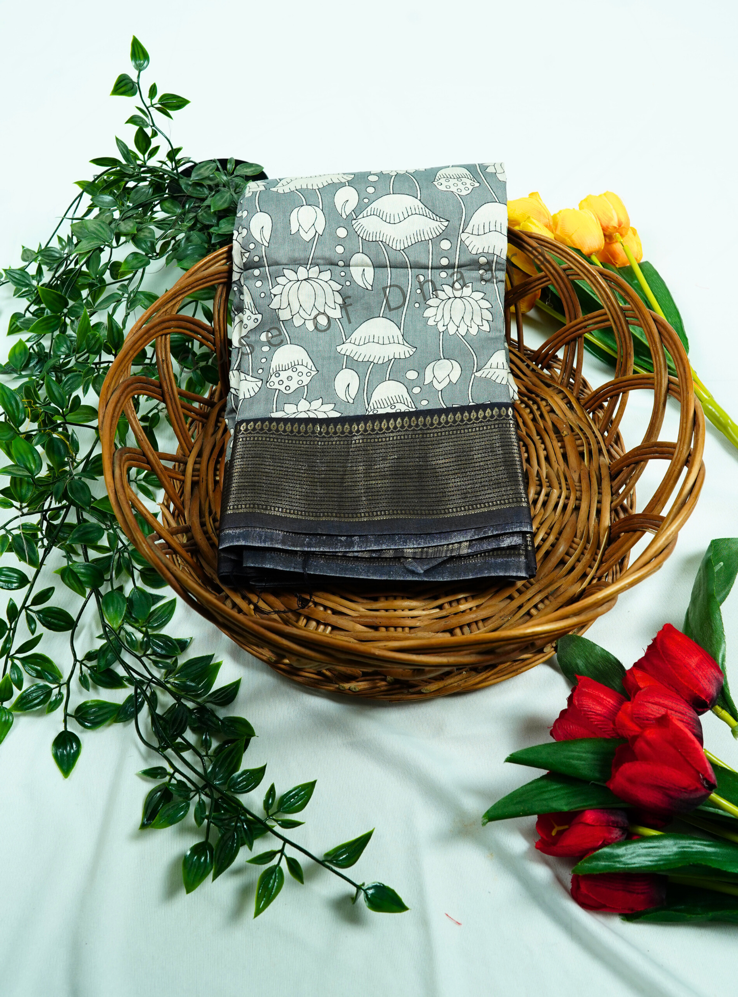Grey Viscose Cotton with black zari  border