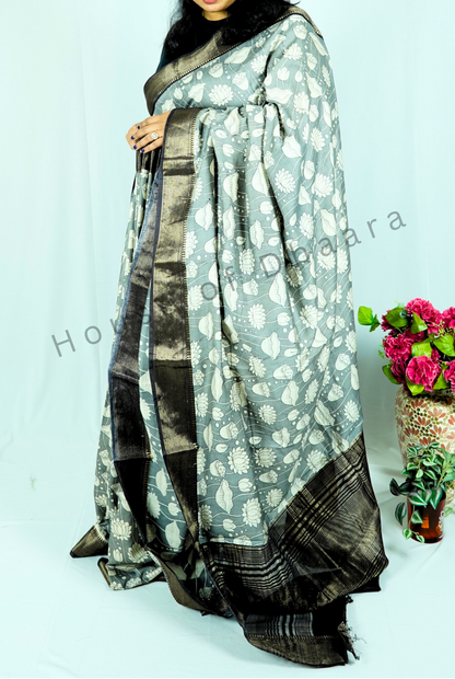 Grey Viscose Cotton with black zari  border