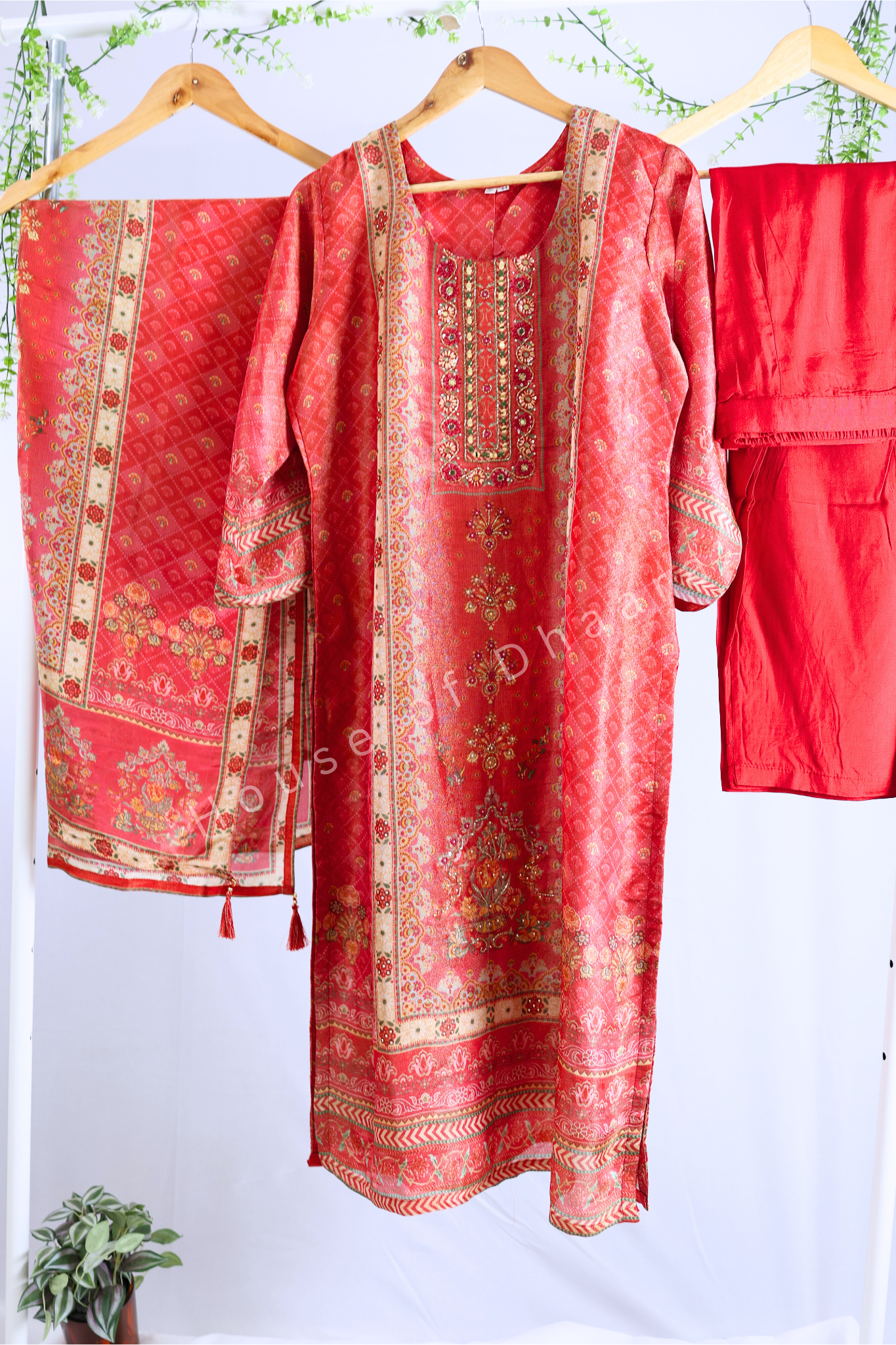 Red Soft Tissue Kurti Set