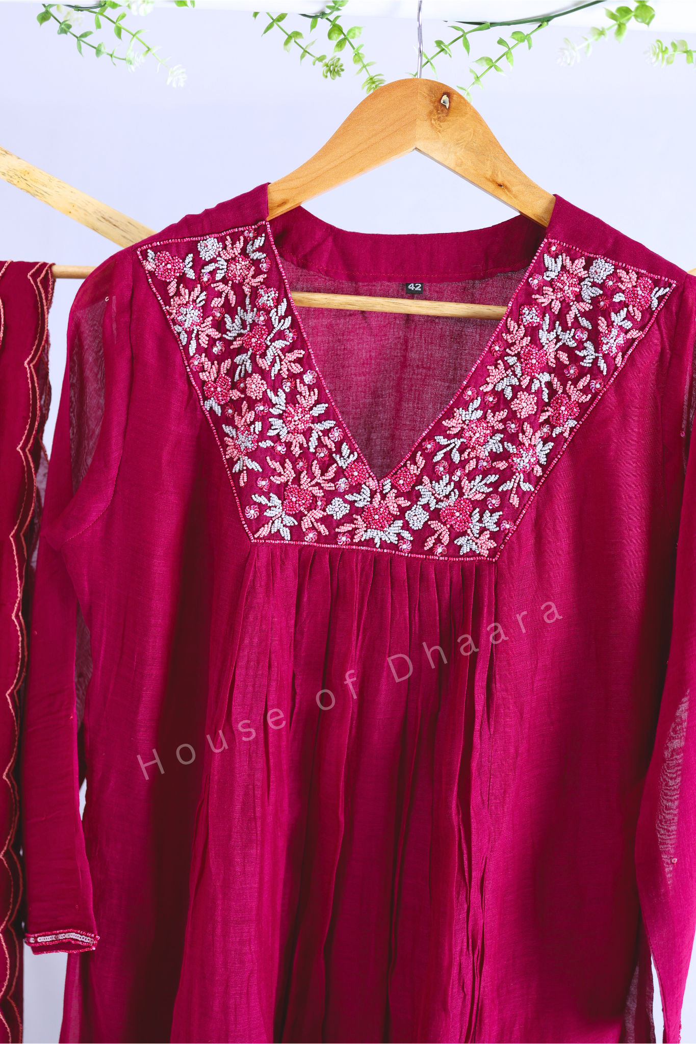 Dark Wine Mulchanderi Kurti Set