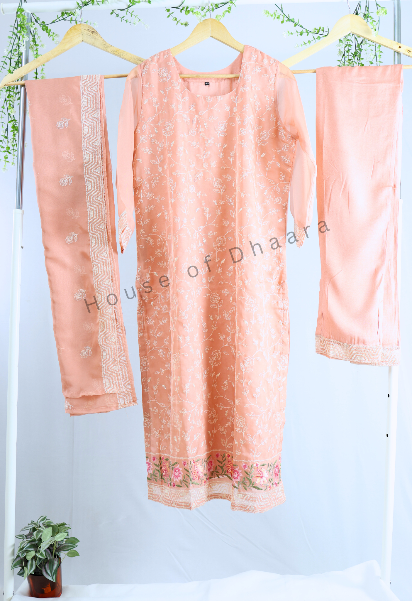 Peach Soft Organza Kurti Set