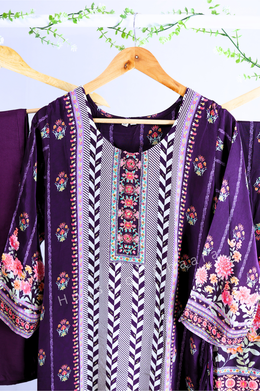 Purple Crape Fish Cut Kurti set with tassels