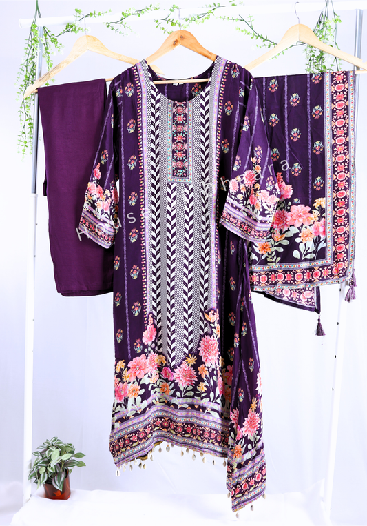 Purple Crape Fish Cut Kurti set with tassels
