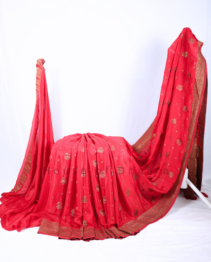 chiffon silk saree with antique zari-Red