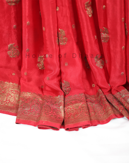 chiffon silk saree with antique zari-Red