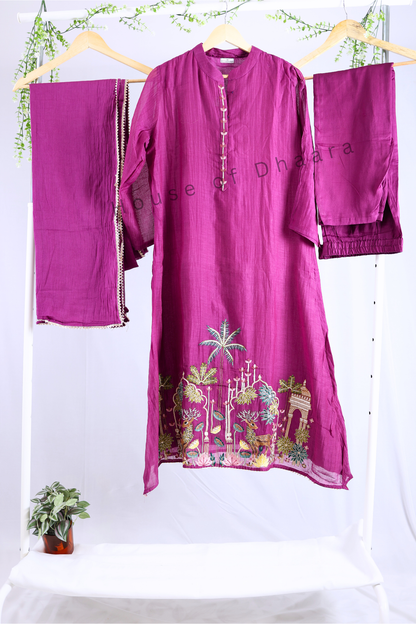 Magenta Pink Mul Cotton A-line Kurti Set
