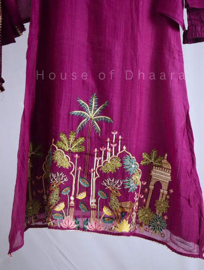 Magenta Pink Mul Cotton A-line Kurti Set