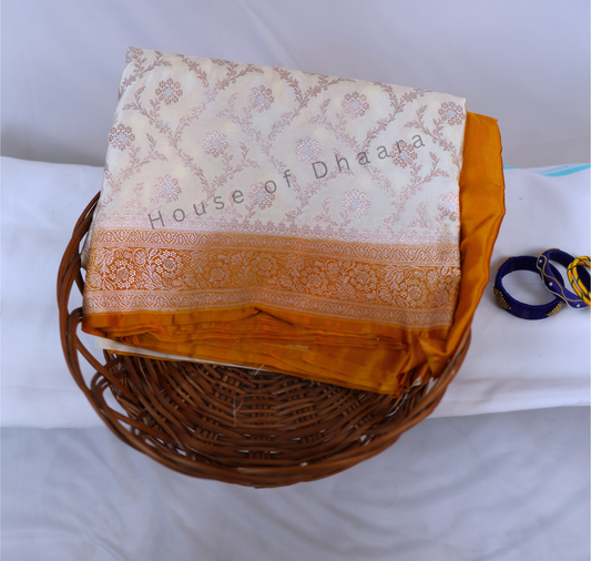 Half White Pure Banarasi Mashru Katan Saree with Yellow border