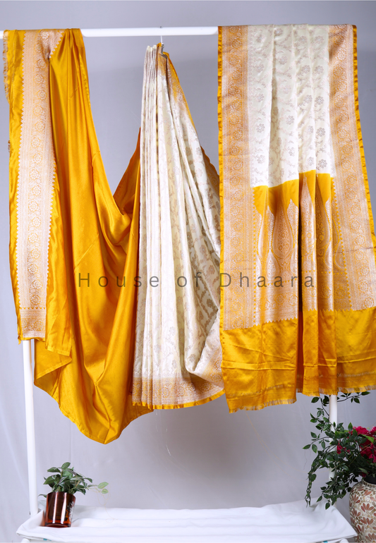 Half White Pure Banarasi Mashru Katan Saree with Yellow border