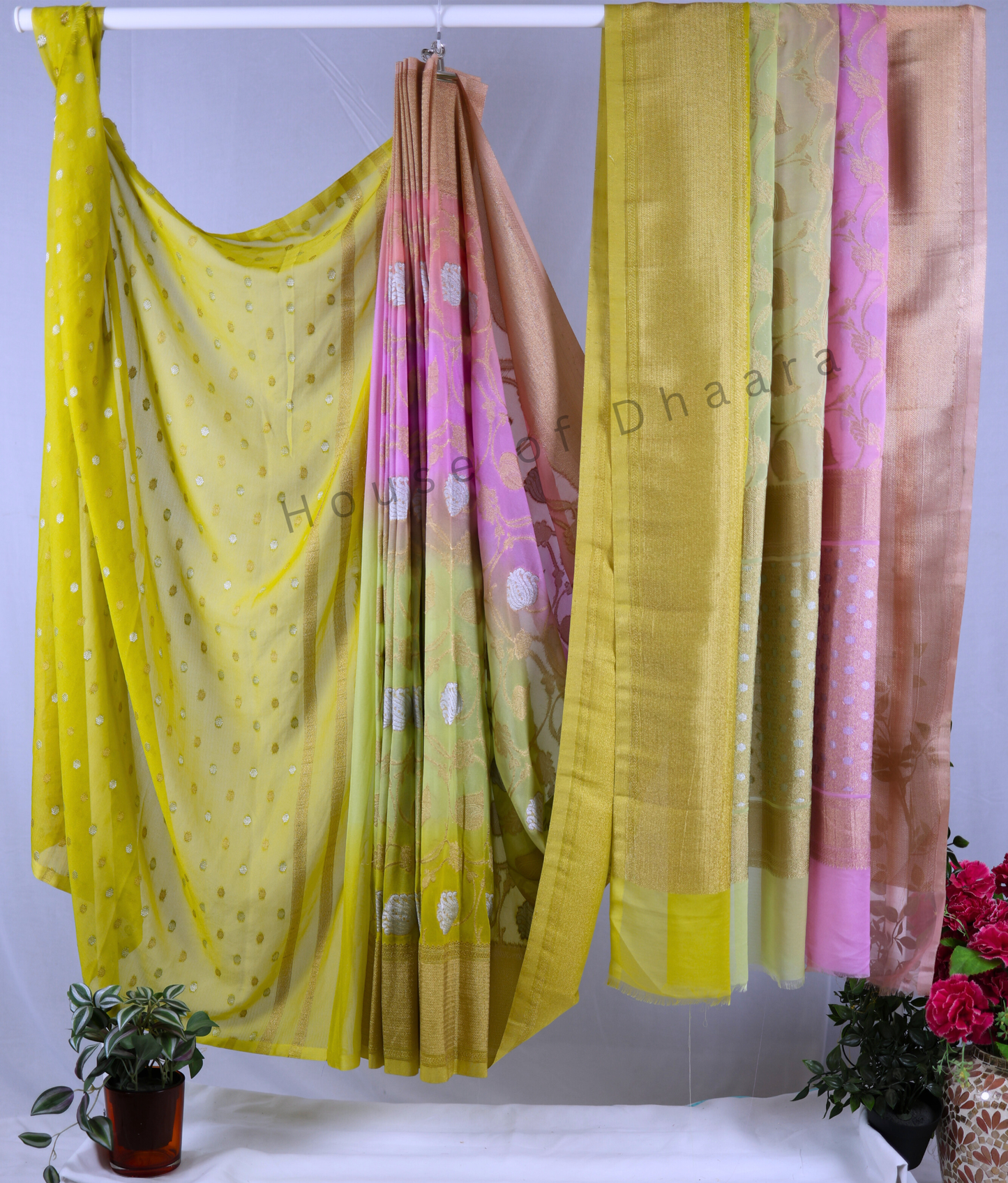Yellow, Pink & Lavender 4D Georgette Saree