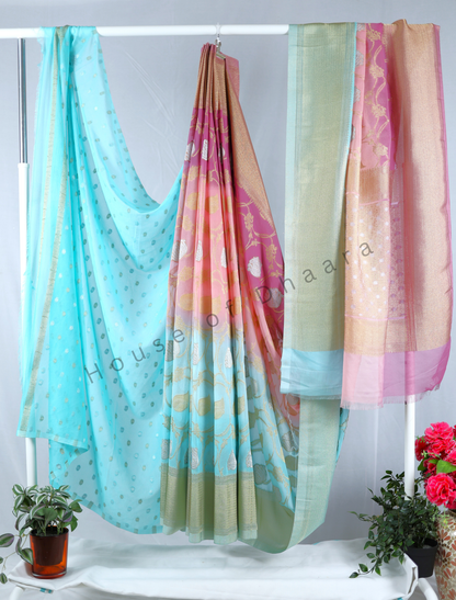 Pastel Blue & Pink 4D Georgette Saree
