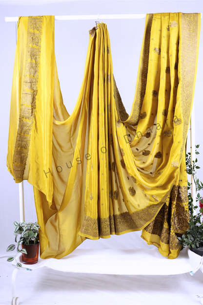 chiffon silk saree with antique zari-mustard yellow
