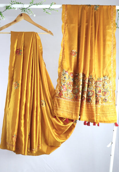 Mustard yellow modal silk with kantha work