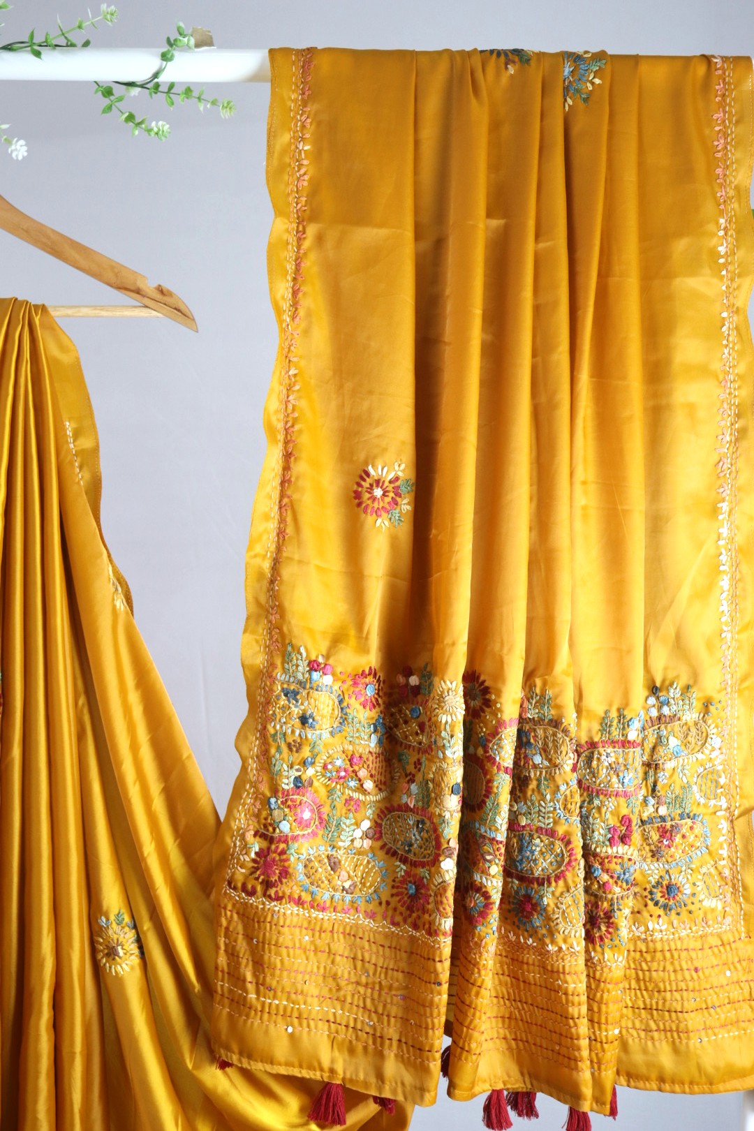 Mustard yellow modal silk with kantha work