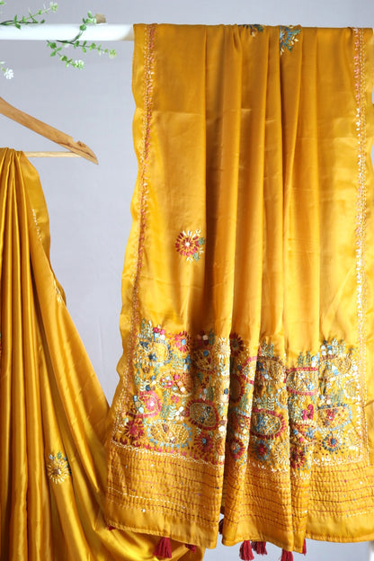 Mustard yellow modal silk with kantha work