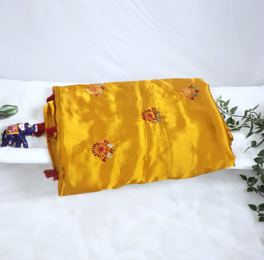 Mustard yellow modal silk with kantha work