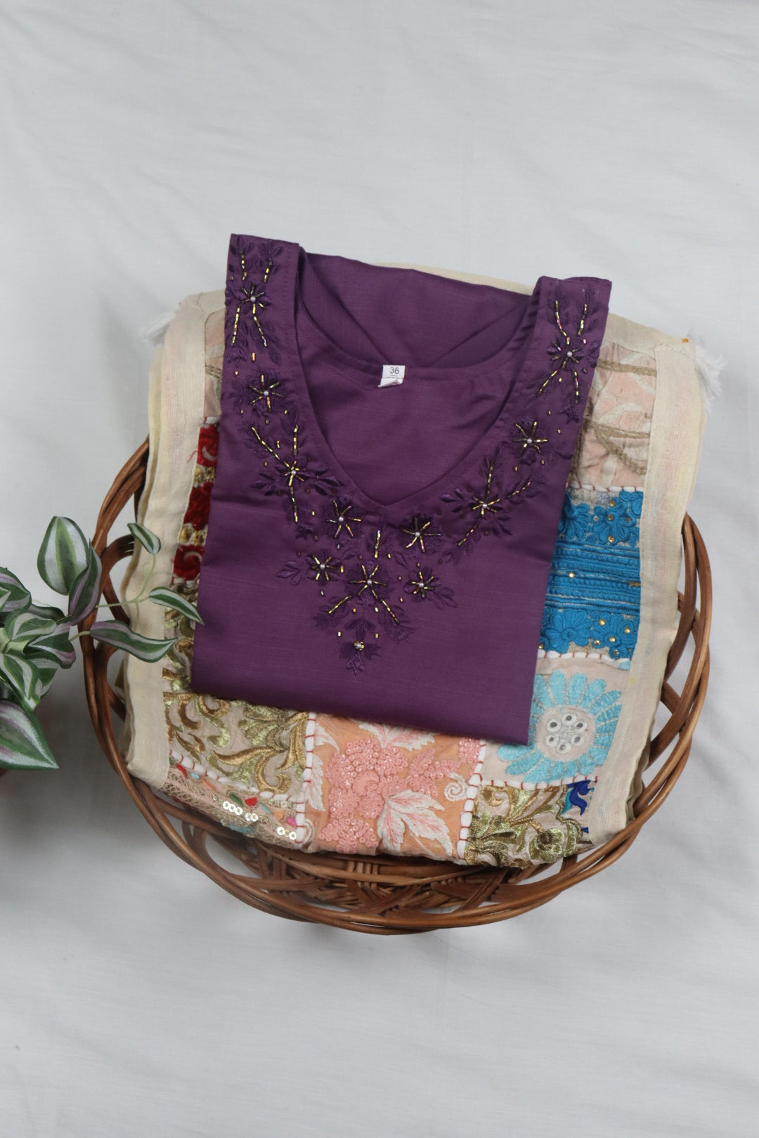 Dark Lavender Straight-Cut Cotton Kurti with Elegant Neckline Work