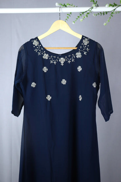 Teal Blue Georgette A-Line Kurti with Yoke Work