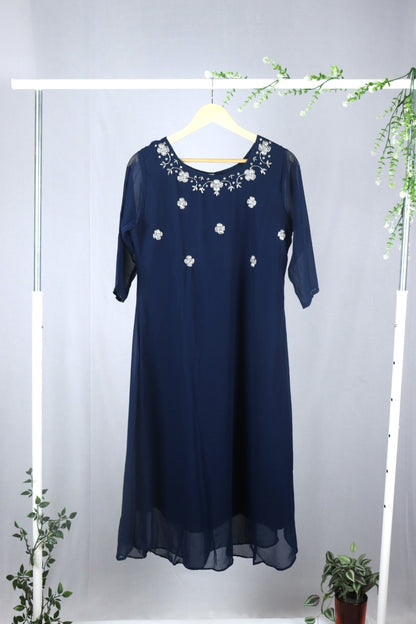 Teal Blue Georgette A-Line Kurti with Yoke Work