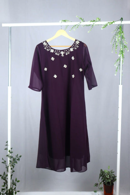 Wine Georgette A-Line Kurti with Yoke Work
