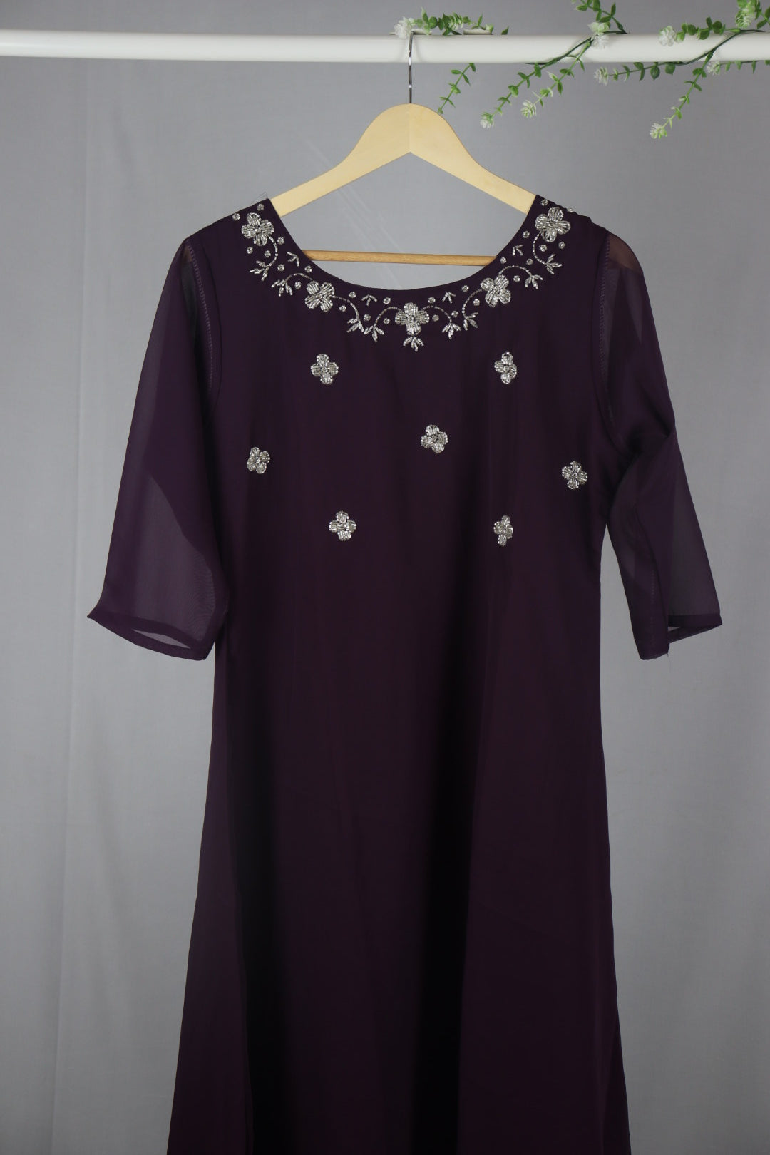 Wine Georgette A-Line Kurti with Yoke Work