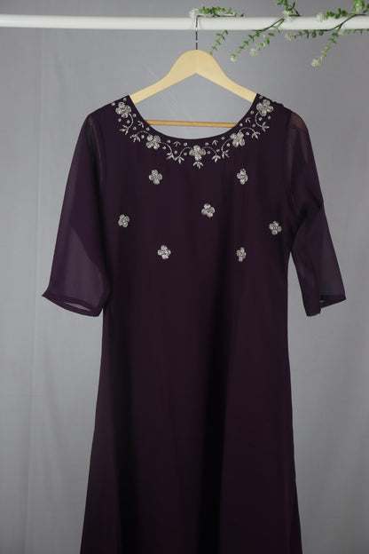 Wine Georgette A-Line Kurti with Yoke Work