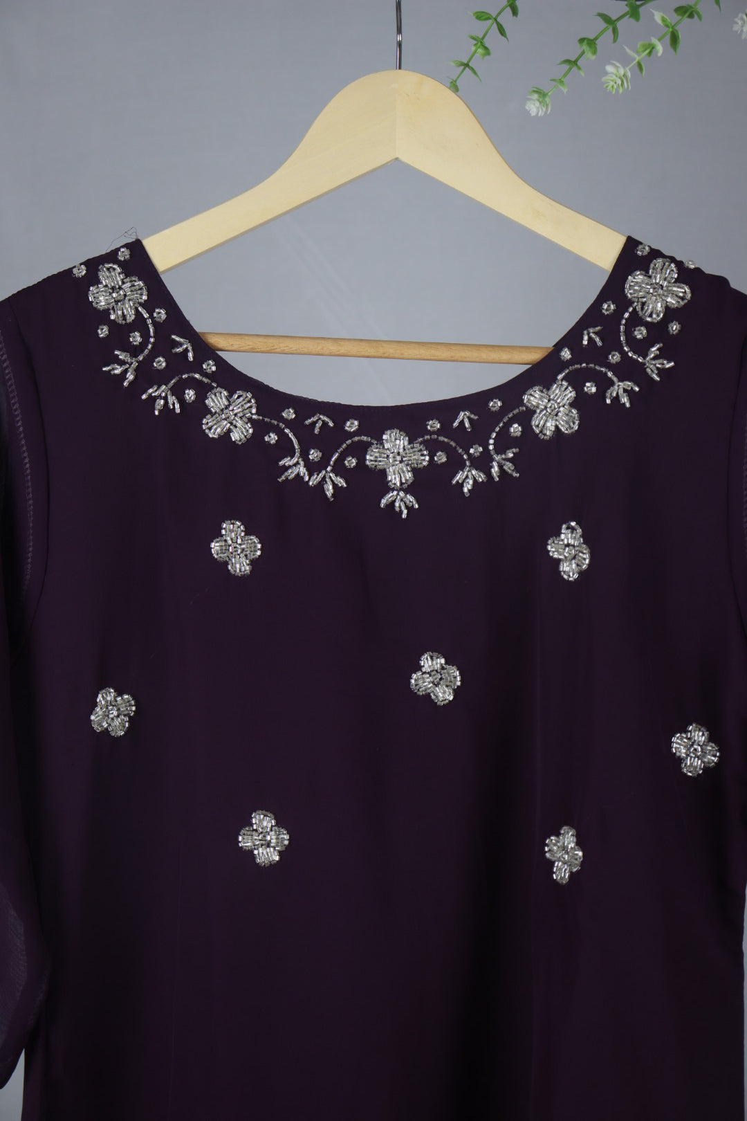 Wine Georgette A-Line Kurti with Yoke Work