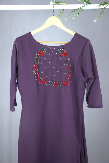Dark Lavender Georgette A-Line Kurti with Yoke Work