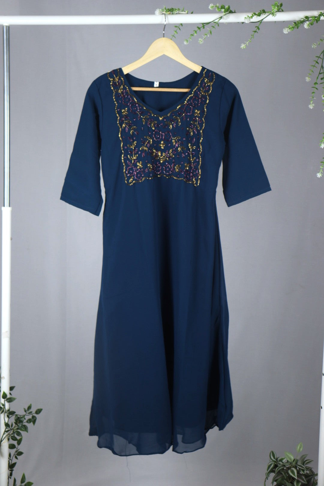 Teal Blue Georgette A-Line Kurti with Yoke Work