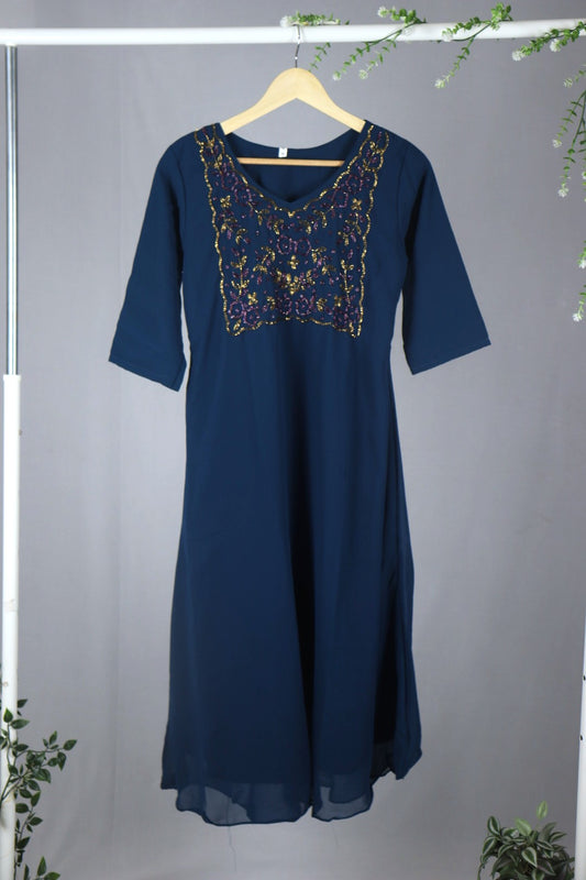 Teal Blue Georgette A-Line Kurti with Yoke Work