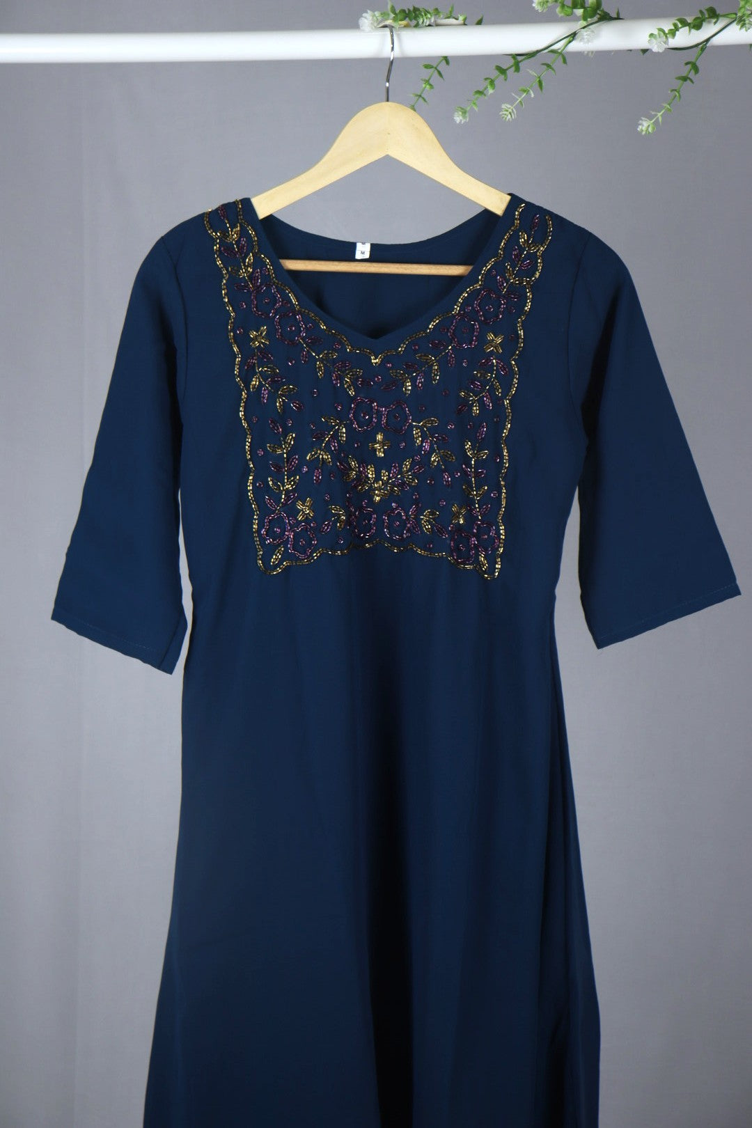 Teal Blue Georgette A-Line Kurti with Yoke Work