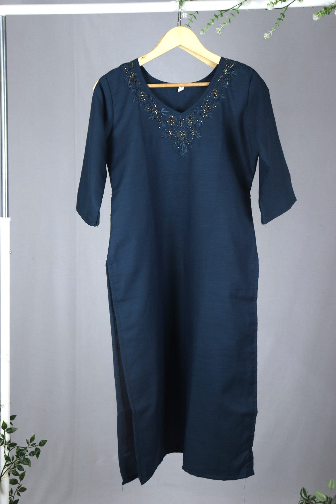 Teal blue Cotton straight cut kurti with neckline work
