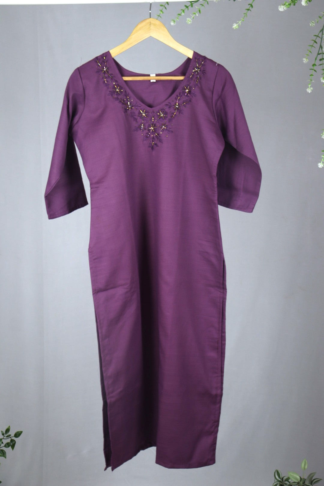Dark Lavender Straight-Cut Cotton Kurti with Elegant Neckline Work