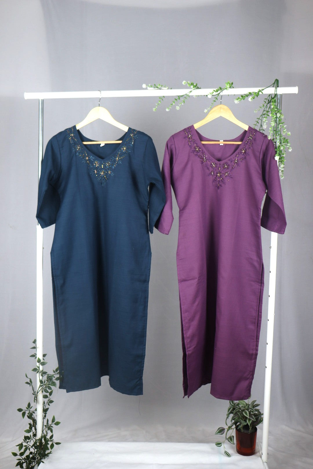Dark Lavender Straight-Cut Cotton Kurti with Elegant Neckline Work