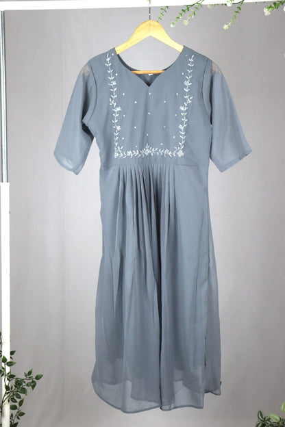 Light Grey Georgette A-Line Kurti with Yoke Bead Work